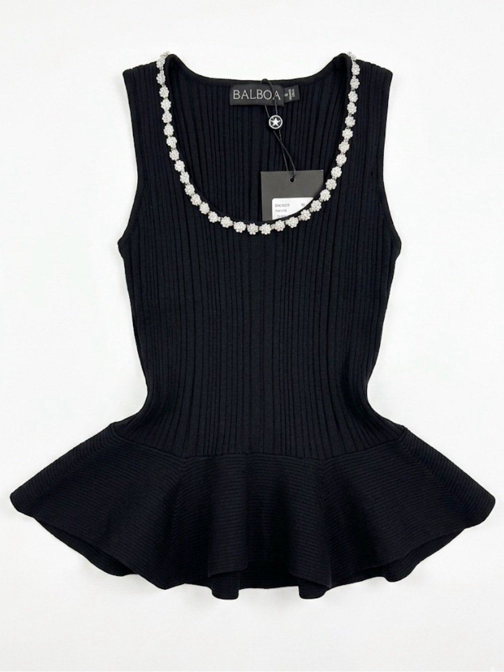 Black Ribbed Peplum Tank with Embellished Neckline size Small NwT